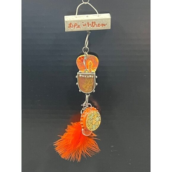 “Life is when” orange feather animal print bottle cap guitar pick necklace - Picture 1 of 7